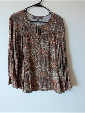 Berkley Jensen Olive Green Floral Smocked Peasant Women's Blouse XL